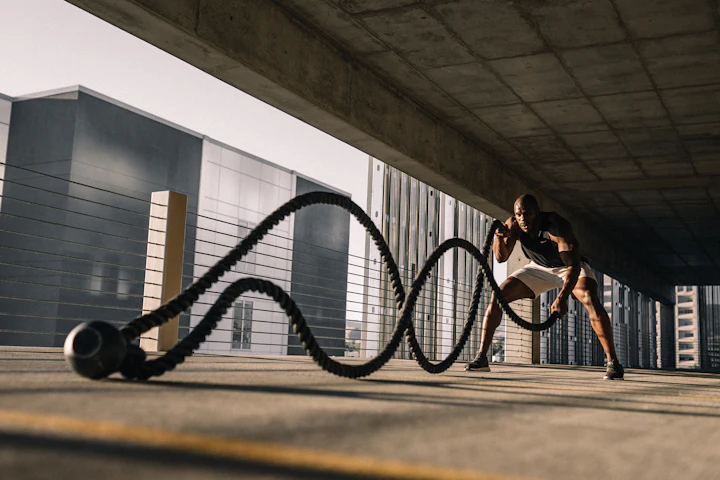 Woman training with heavy battle ropes in a gym